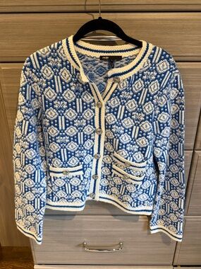 Maje Blue and Cream Patterned Knit Cardigan